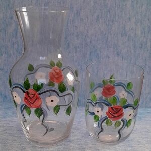Vintage Hand-Painted Rose Pitcher/Glass Set-Bedside
